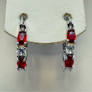 New Silver Plated Red Cubic Zirconia Hoop Earrings Leverback CZ